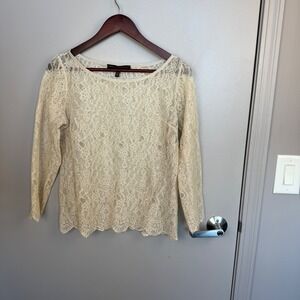 White House Black Market Cream Lace Long Sleeve Boat Neck Top Size Small